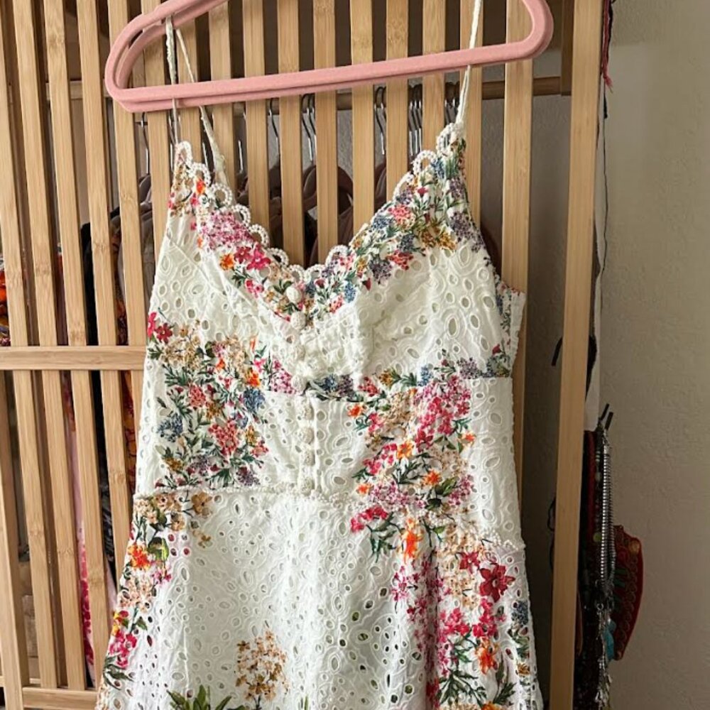 COPY - Farm Rio Delicate Forest Scarves Eyelet Asymmetrical Midi Dress off whit…